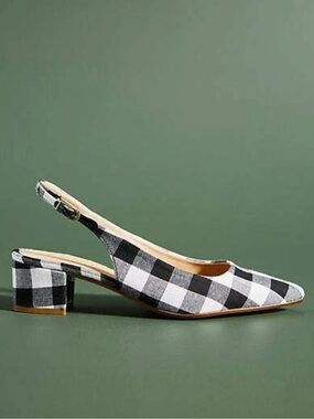 Anthropologie Gingham Slingback Pointed Toe Heels Black & White Size 7